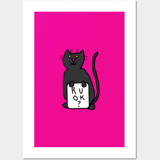 Small Black Cat asks R U OK Posters and Art
